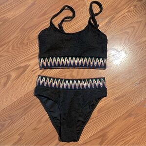 NWOT Black Textured High Waist Bikini with Colorful Zigzag Trim size XS